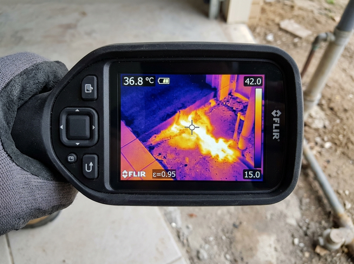 Thermal imaging scan revealing hot water slab leak underneath floor