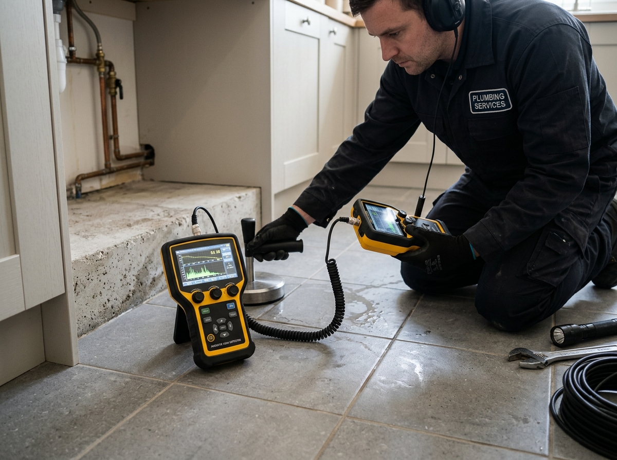 Acoustic sensor equipment used for slab leak detection in Brentwood